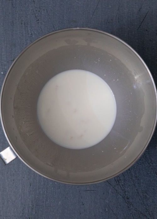 Mixing the liquid and lievito madre in the bowl.