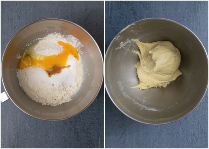 Adding the flour and egg and forming a dough.