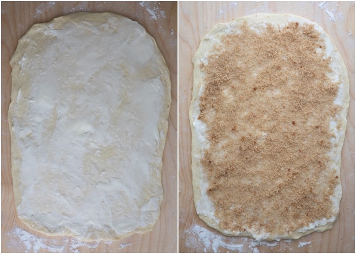 The dough rolled with butter spread and brown sugar on top.