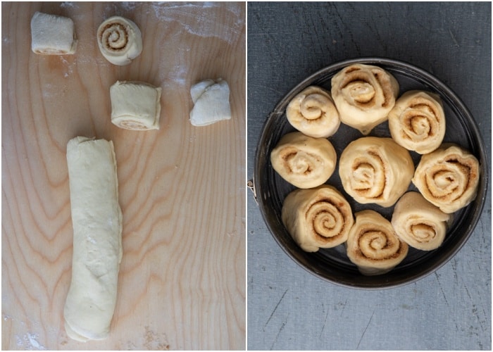 The dough rolled and cut into 9 pieces and placed in the cake pan.