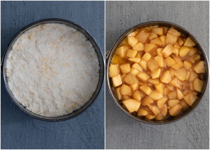 The crumb base with the apple filling on top.