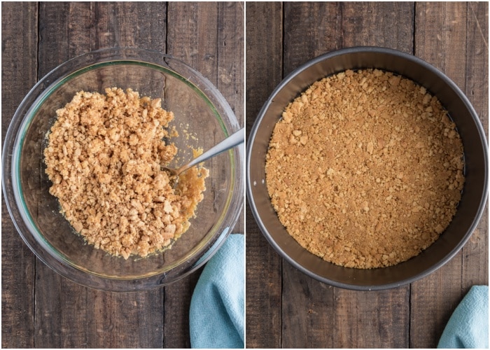The crumbs mixed and on the bottom of the prepared pan.
