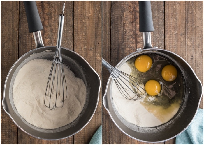Making the egg mixture in the pot.