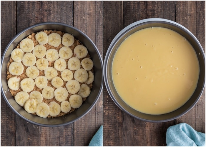 The sliced bananas and pudding mixture in the pan.