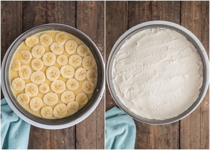 The remaining banana slices on top with the whipped cream on top.