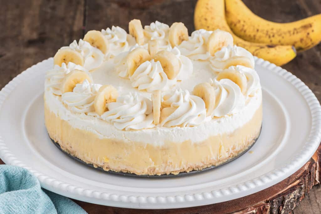 Pudding pie on a white plate.