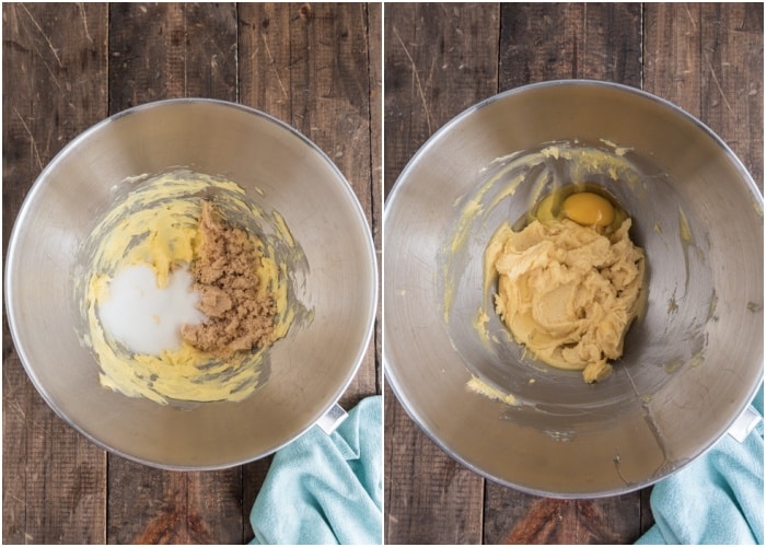Making the dough in the mixing bowl.