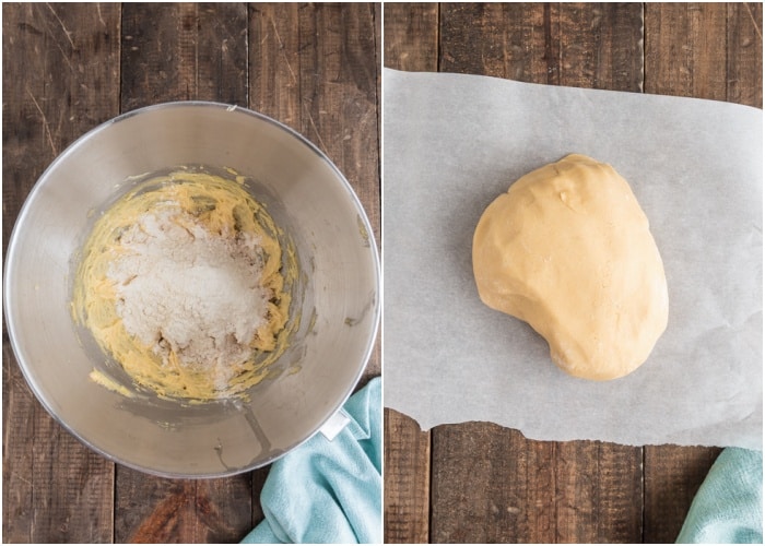 The flour added and the dough kneaded on parchment paper.