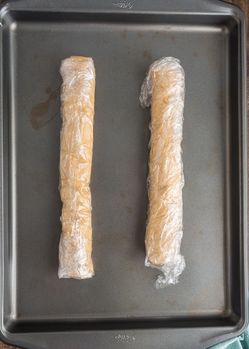the dough formed into two logs and wrapped in plastic.