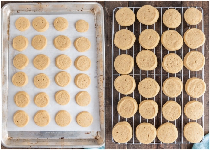 Cookies baked on the baking sheet and wire rack.