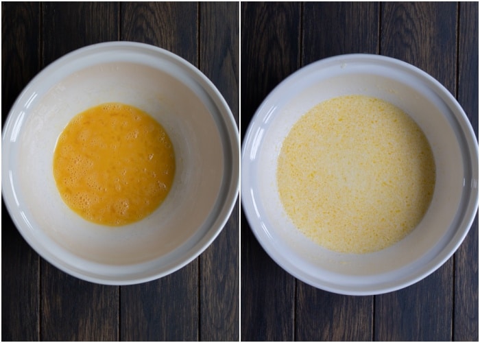 Combining the wet ingredients in a white bowl.