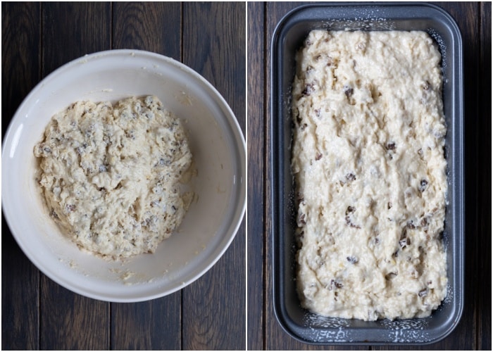 The batter in the bowl and in the loaf pan.