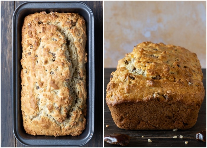 The bread in the pan baked and on the board.