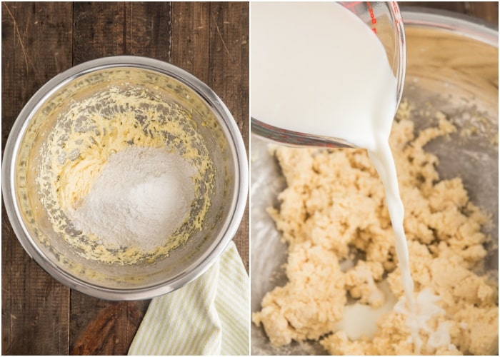 Adding the dry and milk to the wet ingredients.