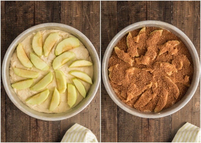 The apples on the batter and the cinnamon mixture on top.
