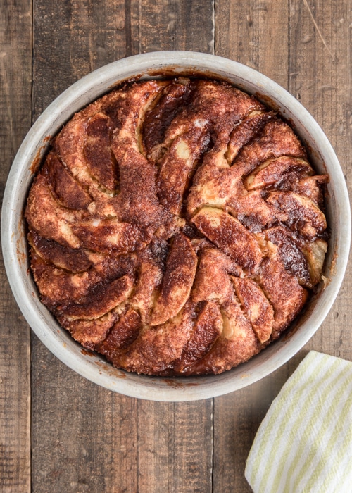 The baked cake in the pan.