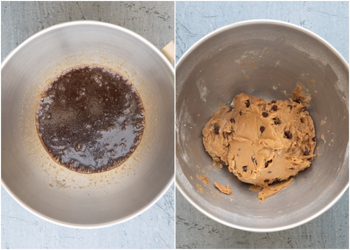 Making the dough in the mixing bowl.