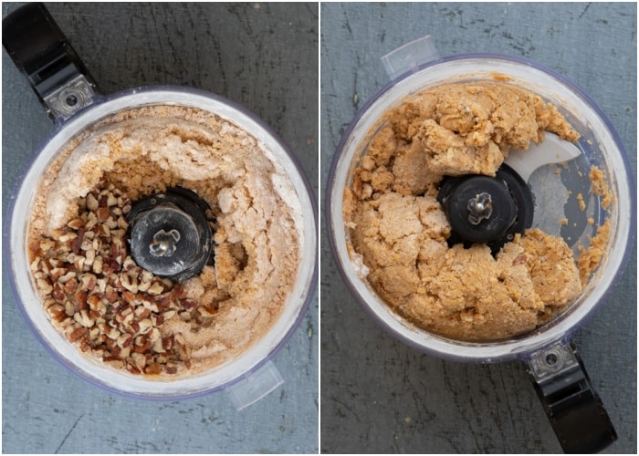Adding the nuts to the dough.