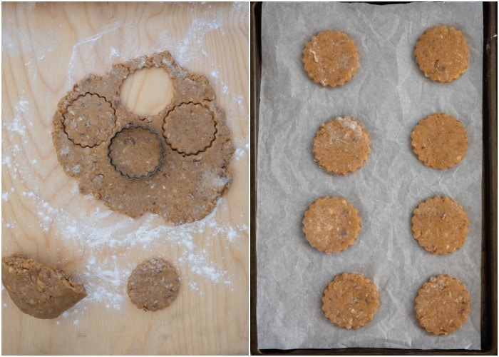 Cutting out the cookies and on the baking sheet.