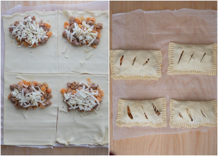Putting the filling on the squares and closing it up.