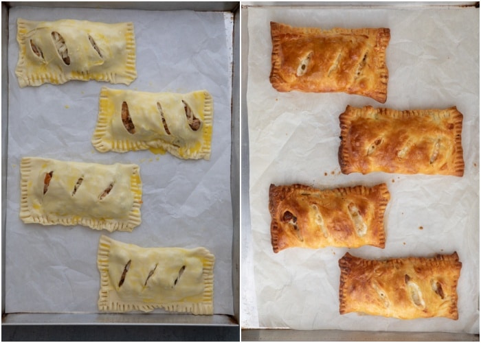 The hand pies before and after baked on a baking sheet.