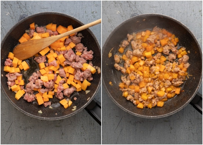 Making the pumpkin mixture in a black pan.