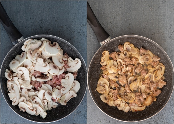 Cooking the mushrooms and sausage in the pan.