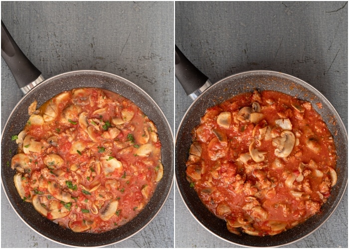 Adding the sauce and cooking in the pan.