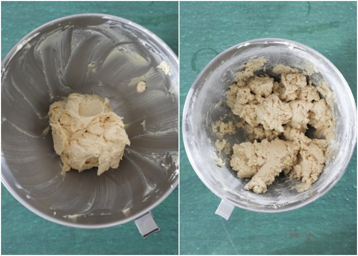 Making the dough in the mixing bowl.