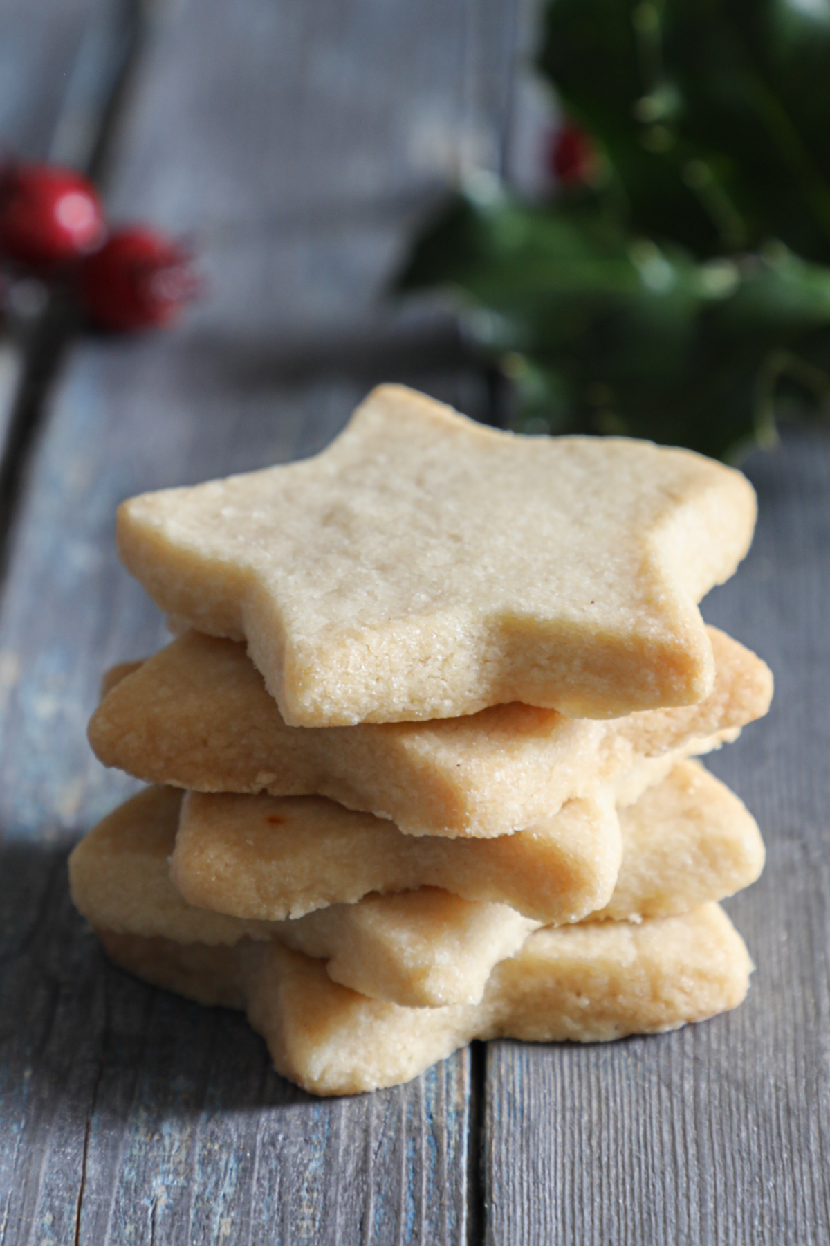 Five brown sugar shortbread cookies stacked.