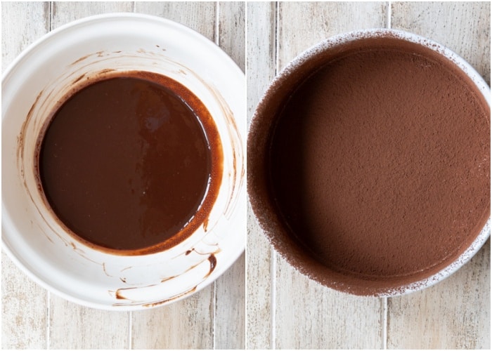 Melting the chocolate and dusting the pan.
