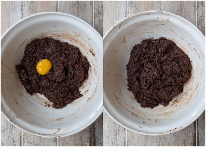 Adding the egg to the ingredients.