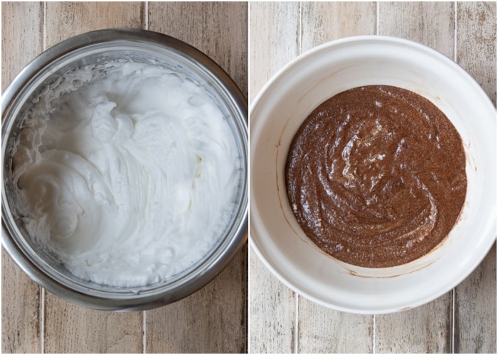 Beating the egg whites and mixing in the batter.