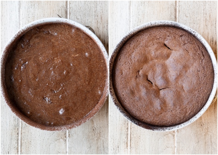 The cake in the pan before and after baked.