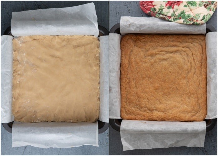Dough in the pan before and after baking.