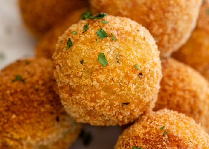 Mozzarella balls stacked.