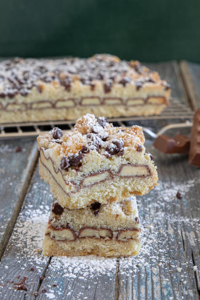 Kinder bar on a wire rack and two stacked.