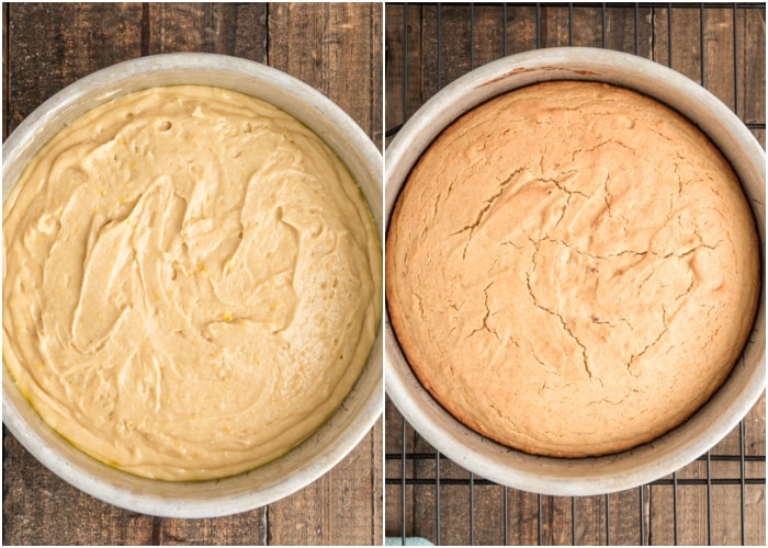 The cake before and after baked.