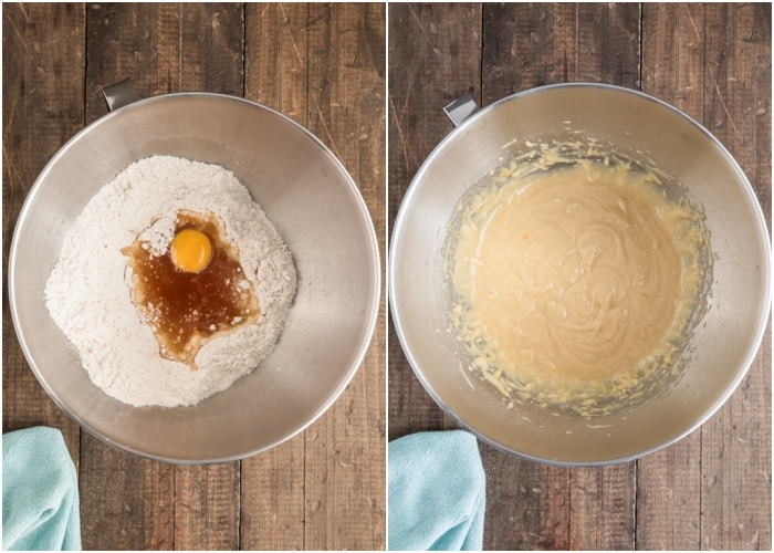Making the batter in the bowl.