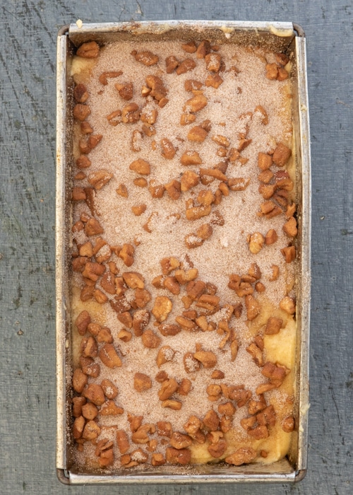 The remaining batter and topping in the pan.