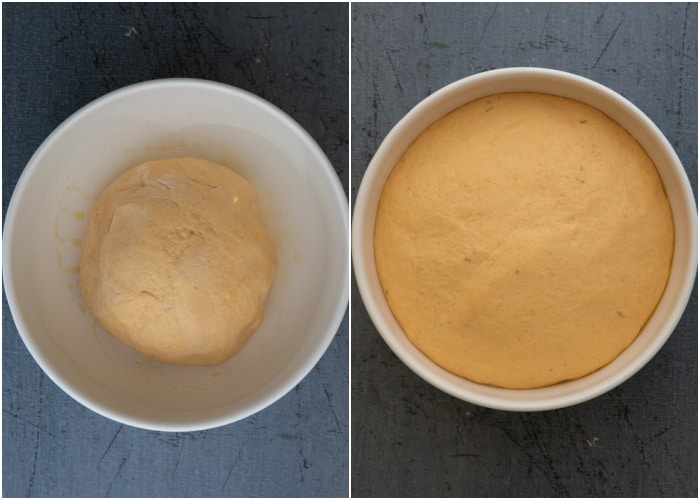 The dough before and after rising in a white bowl.