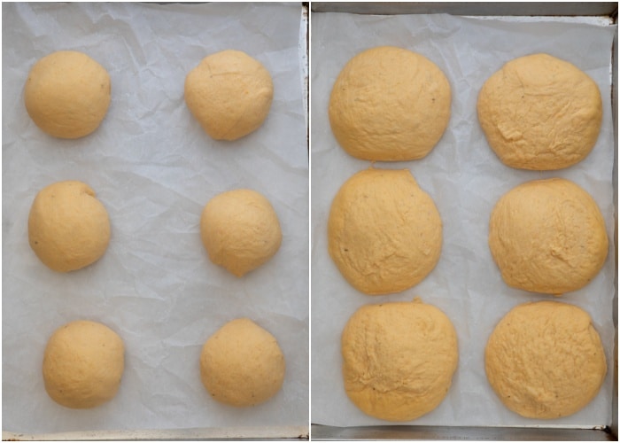 The buns before and after rising on a baking sheet.