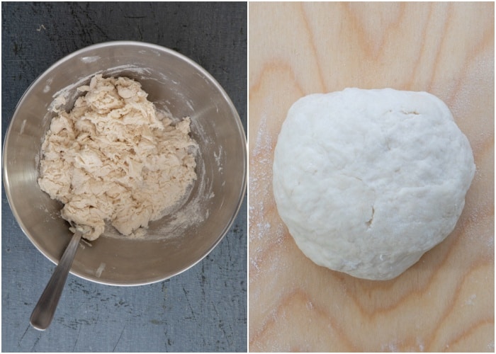 Making the dough and on a wooden board.