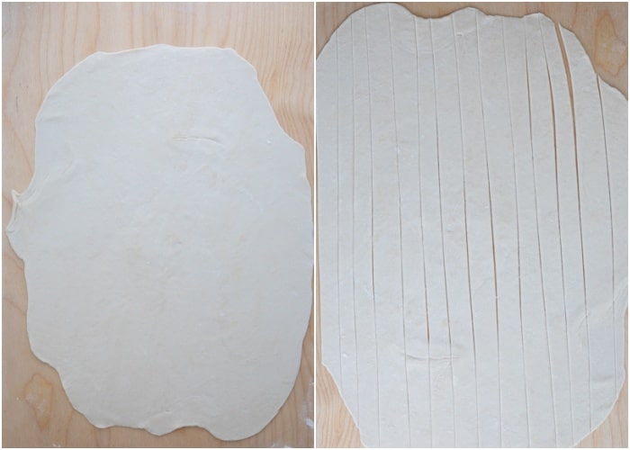 Rolling out the dough and cutting into strips.