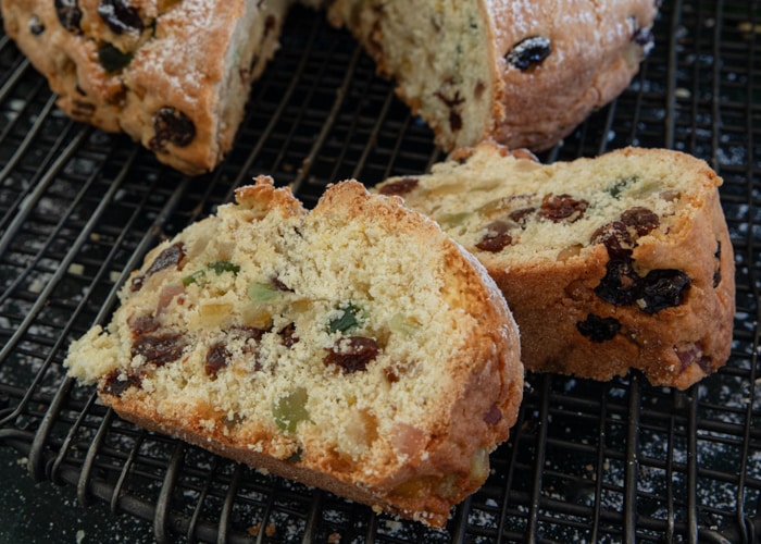 Italian Christmas bread with two slices cut.