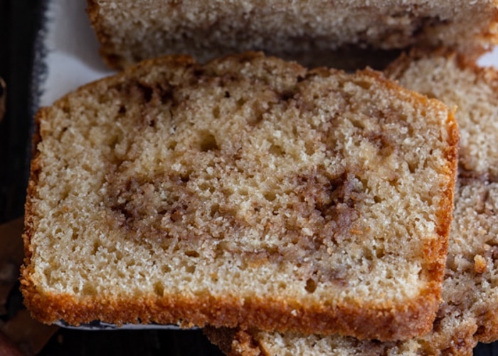 A slice of swirled cinnamon bread.