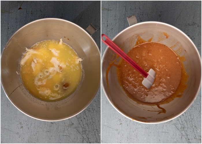 Mixing the batter in the mixing bowl.