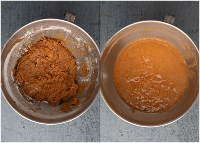 Adding the dry ingredients and hot water.