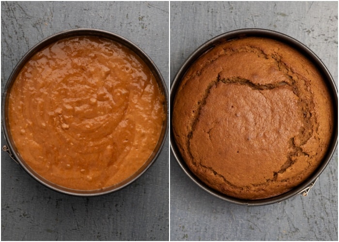 The cake in the pan before and after baked.