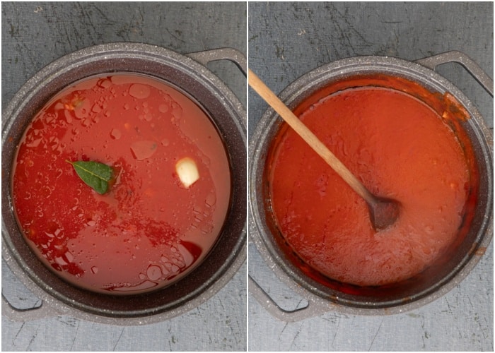 The sauce in the pot before and after cooked.